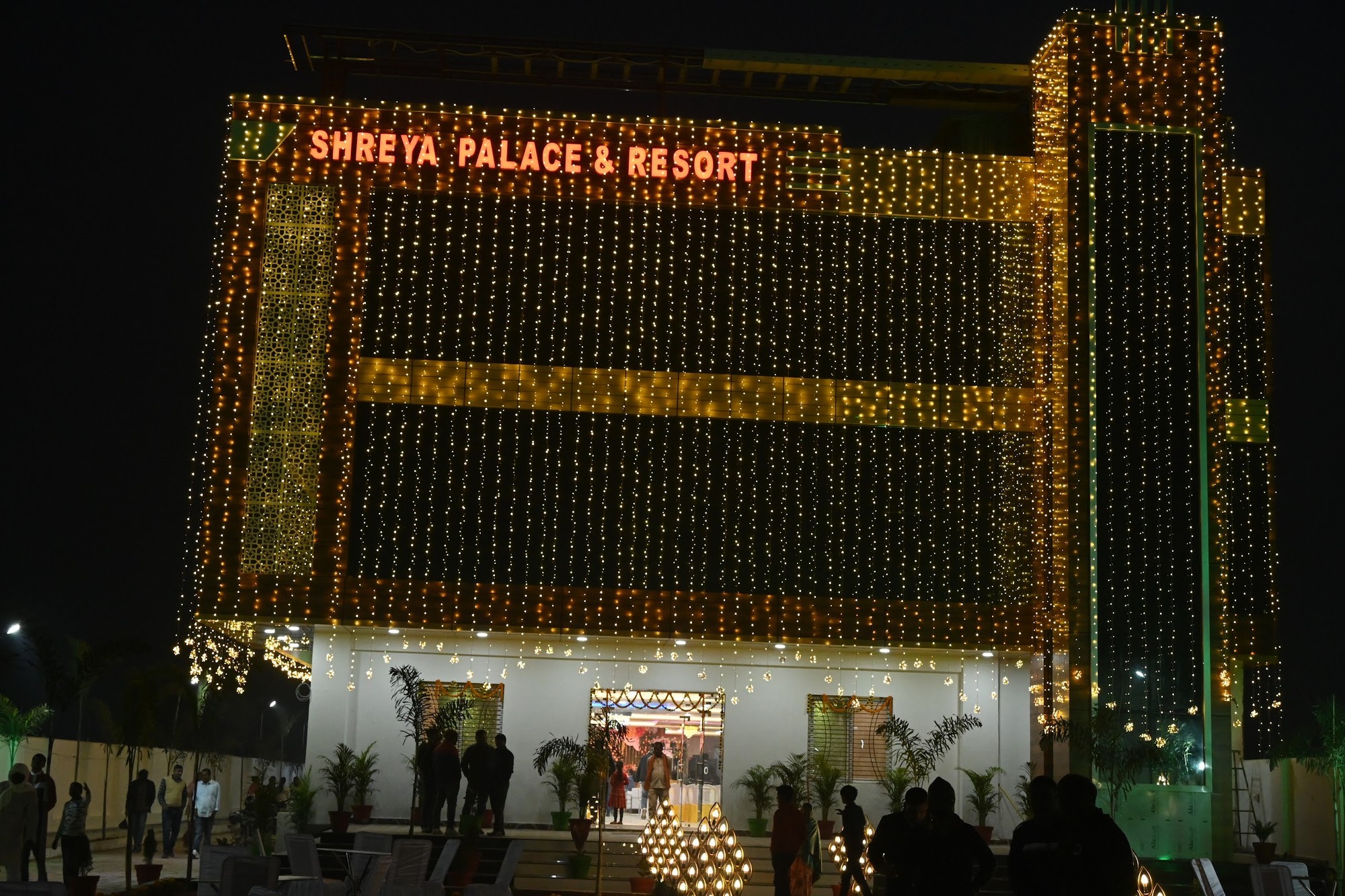 Night facade illuminated with fairy lights and glowing neon sign