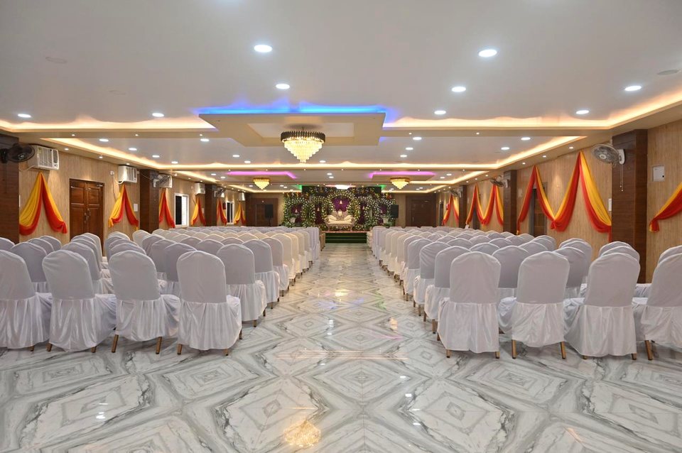 The Grand Banquet Hall arranged with crystal chandeliers and banquet tables